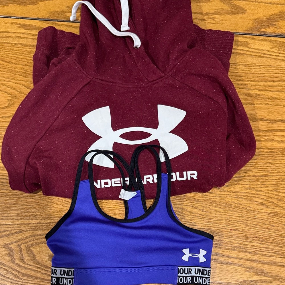 Under Armour Maroon Hoodie and Blue Sports Bra